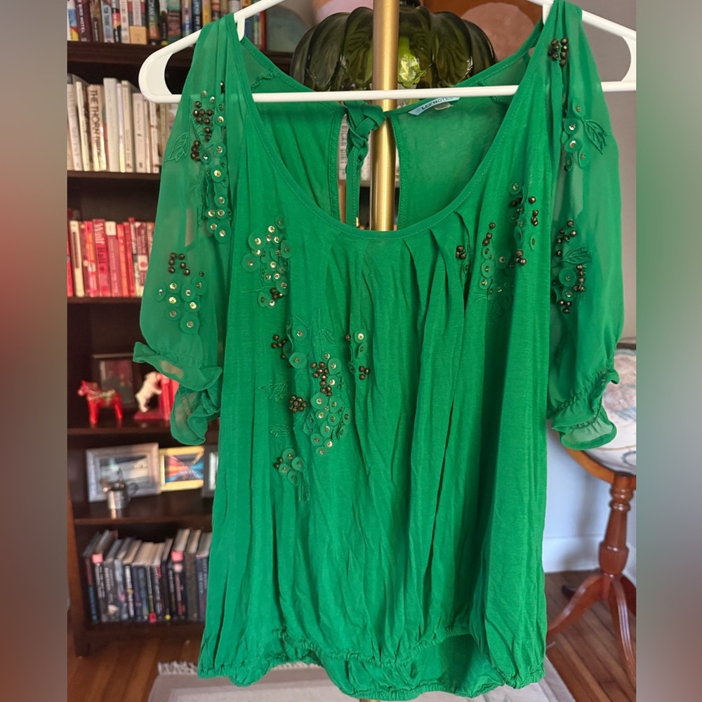 Anthropologie Leifnotes Green beaded and embroidered Top size medium